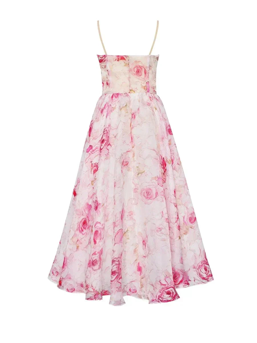 Women's Floral Midi Wedding Guest Dress with Ruffle Hem