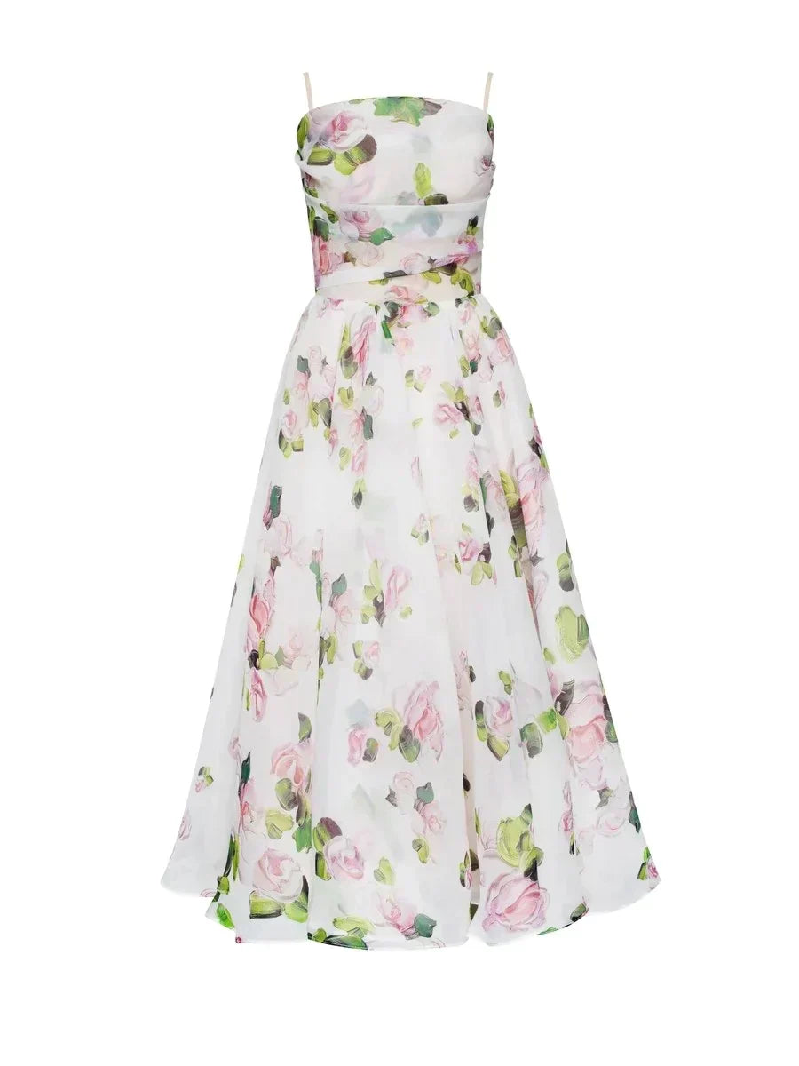 Women's Floral Midi Wedding Guest Dress with Ruffle Hem