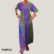 Women's Paisley Patchwork Boho Maxi Dress Smocked Bodice Short Sleeve Flowy