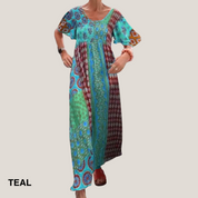 Women's Paisley Patchwork Boho Maxi Dress Smocked Bodice Short Sleeve Flowy