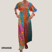 Women's Paisley Patchwork Boho Maxi Dress Smocked Bodice Short Sleeve Flowy