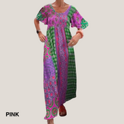 Women's Paisley Patchwork Boho Maxi Dress Smocked Bodice Short Sleeve Flowy