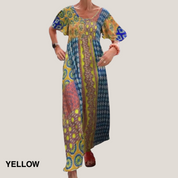 Women's Paisley Patchwork Boho Maxi Dress Smocked Bodice Short Sleeve Flowy