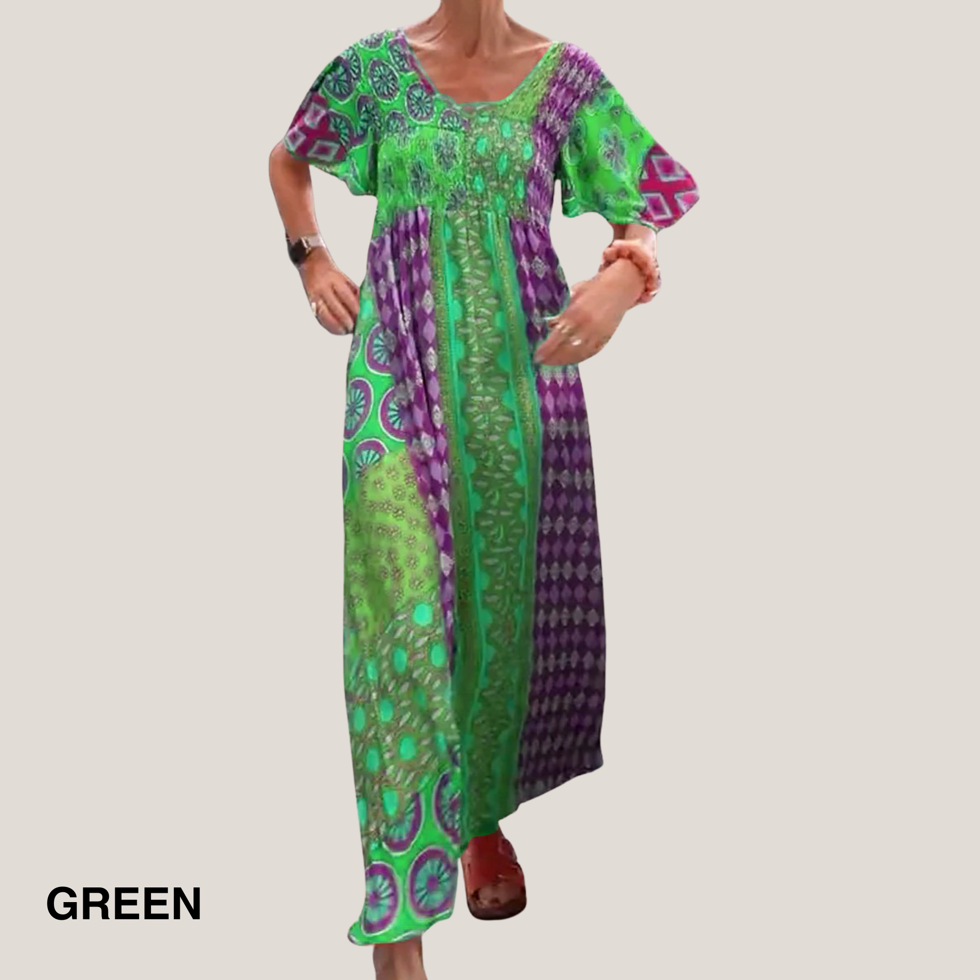 Women's Paisley Patchwork Boho Maxi Dress Smocked Bodice Short Sleeve Flowy