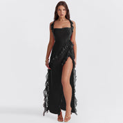 Women's Twilight Frill Maxi Dress Sleeveless Ruffle High-Slit Elegant