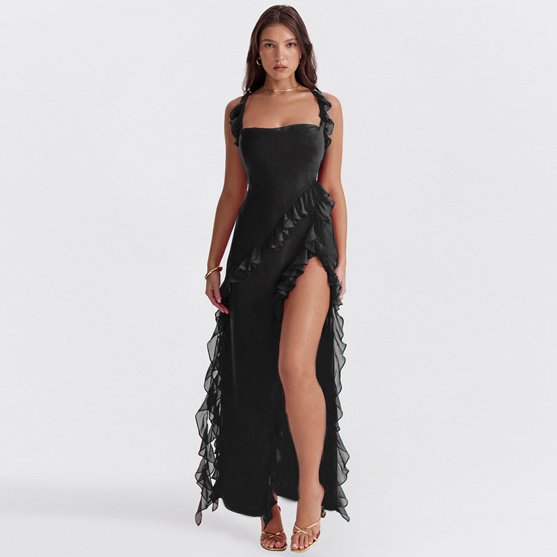 Women's Twilight Frill Maxi Dress Sleeveless Ruffle High-Slit Elegant