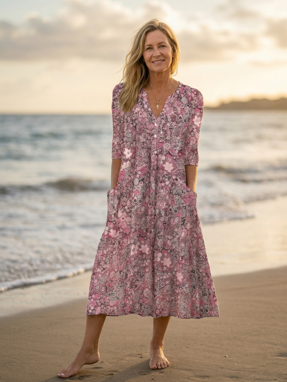 Women's Graceful V-Neck Elegance Midi Dress