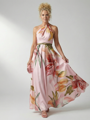 Women's Breezy Halter-Neck Light Floral Maxi Dress