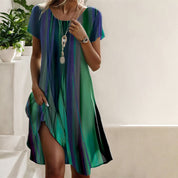 Women's Striped Relaxed Swing Dress Short Sleeve A-Line Casual Midi