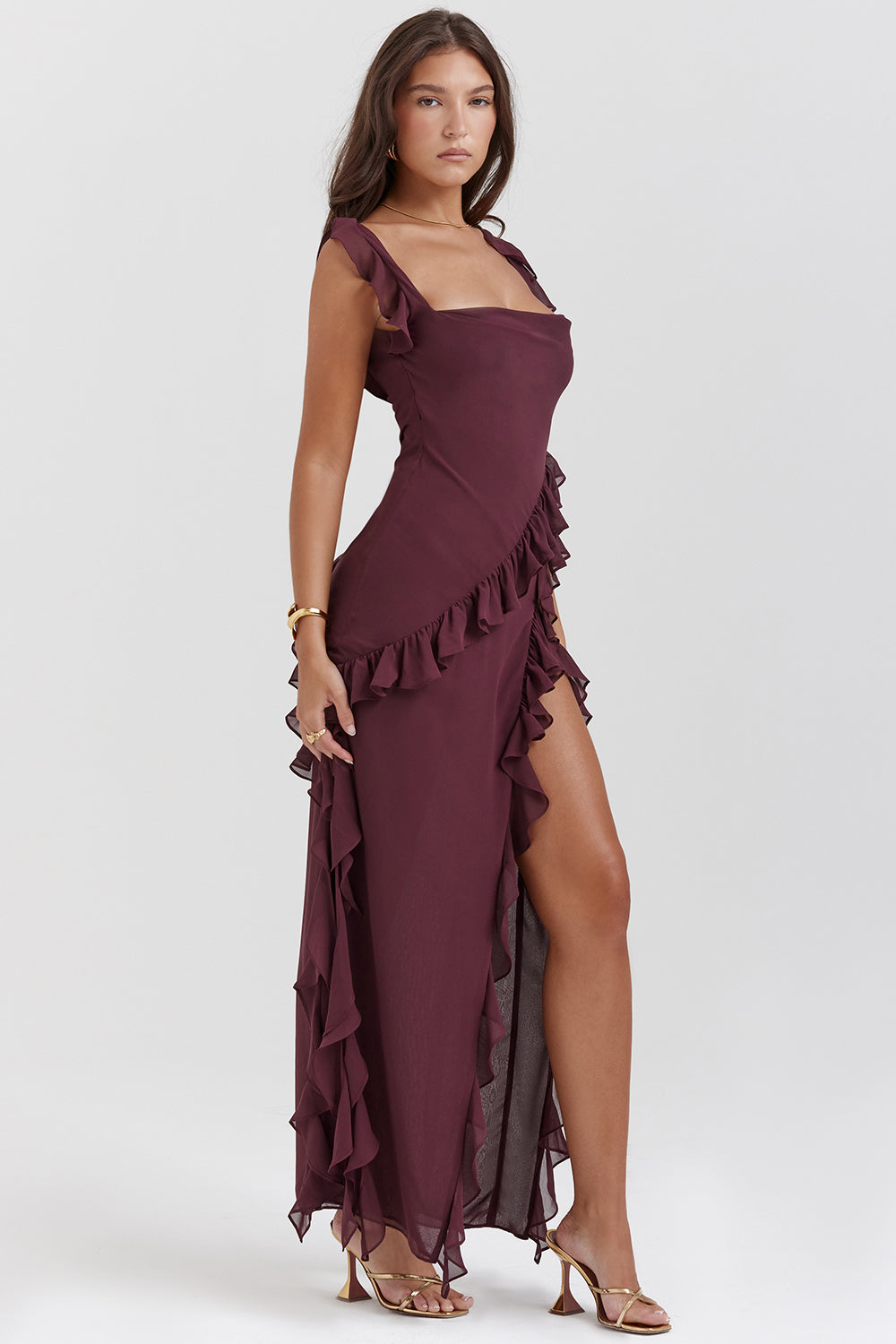 Women's Twilight Frill Maxi Dress Sleeveless Ruffle High-Slit Elegant