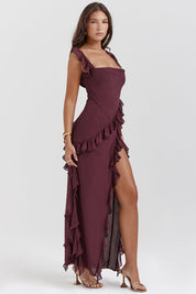 Women's Twilight Frill Maxi Dress Sleeveless Ruffle High-Slit Elegant