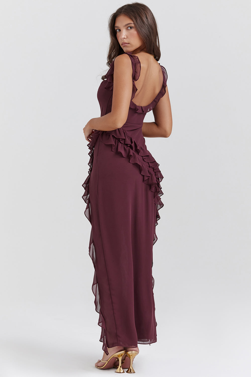 Women's Twilight Frill Maxi Dress Sleeveless Ruffle High-Slit Elegant