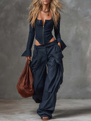 Women's Retro Striped Square-Neck Long-Sleeve Zip-Front Top & Pants Set