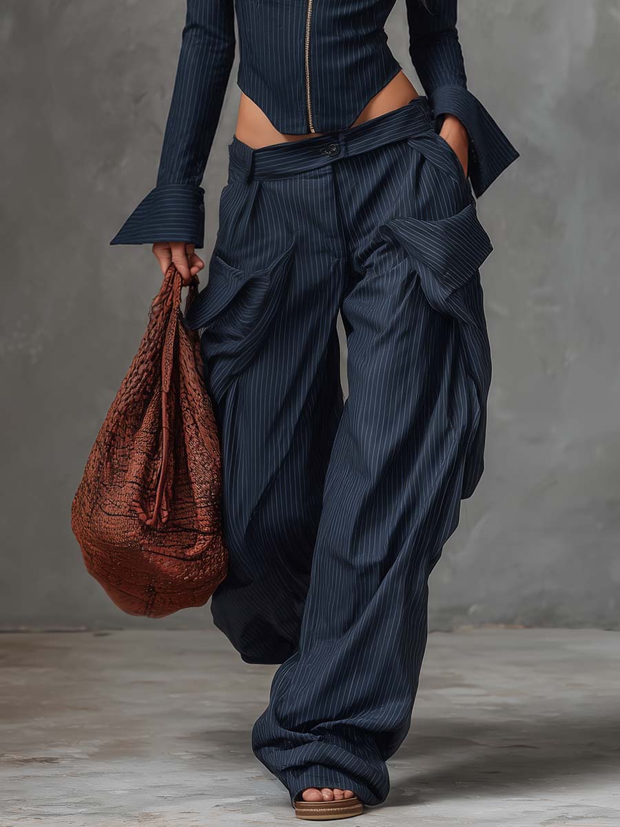 Women's Retro Striped Square-Neck Long-Sleeve Zip-Front Top & Pants Set