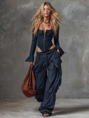 Women's Retro Striped Square-Neck Long-Sleeve Zip-Front Top & Pants Set