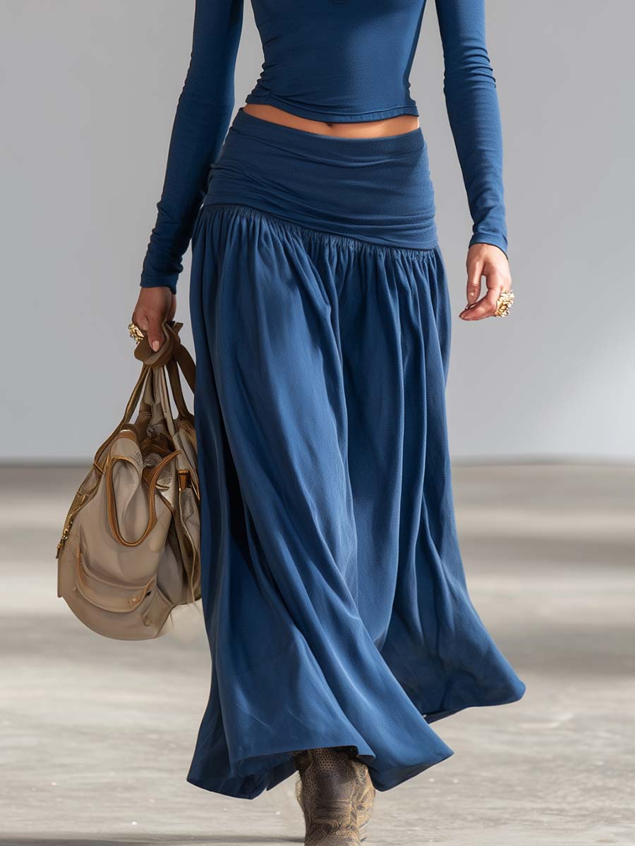 Women's Chic Cotton Lapel Zip-Front Top & Low-Rise Skirt Set