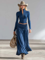 Women's Chic Cotton Lapel Zip-Front Top & Low-Rise Skirt Set