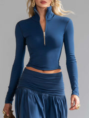 Women's Chic Cotton Lapel Zip-Front Top & Low-Rise Skirt Set