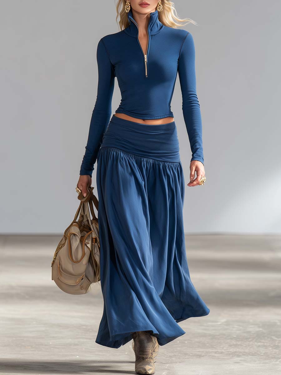 Women's Chic Cotton Lapel Zip-Front Top & Low-Rise Skirt Set