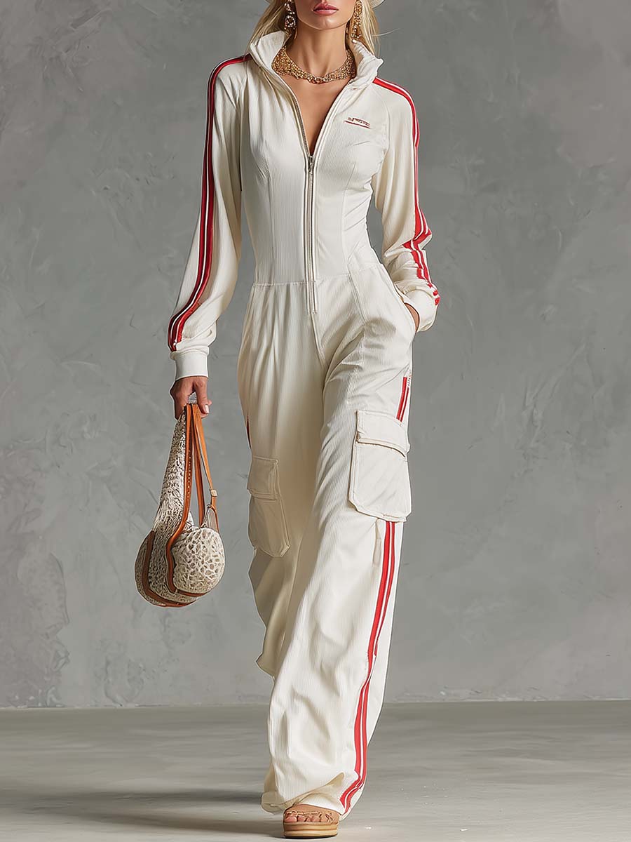 Women's Sporty Lapel Zip-Front Fine-Ribbed Utility Jumpsuit