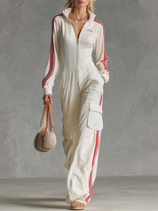 Women's Sporty Lapel Zip-Front Fine-Ribbed Utility Jumpsuit