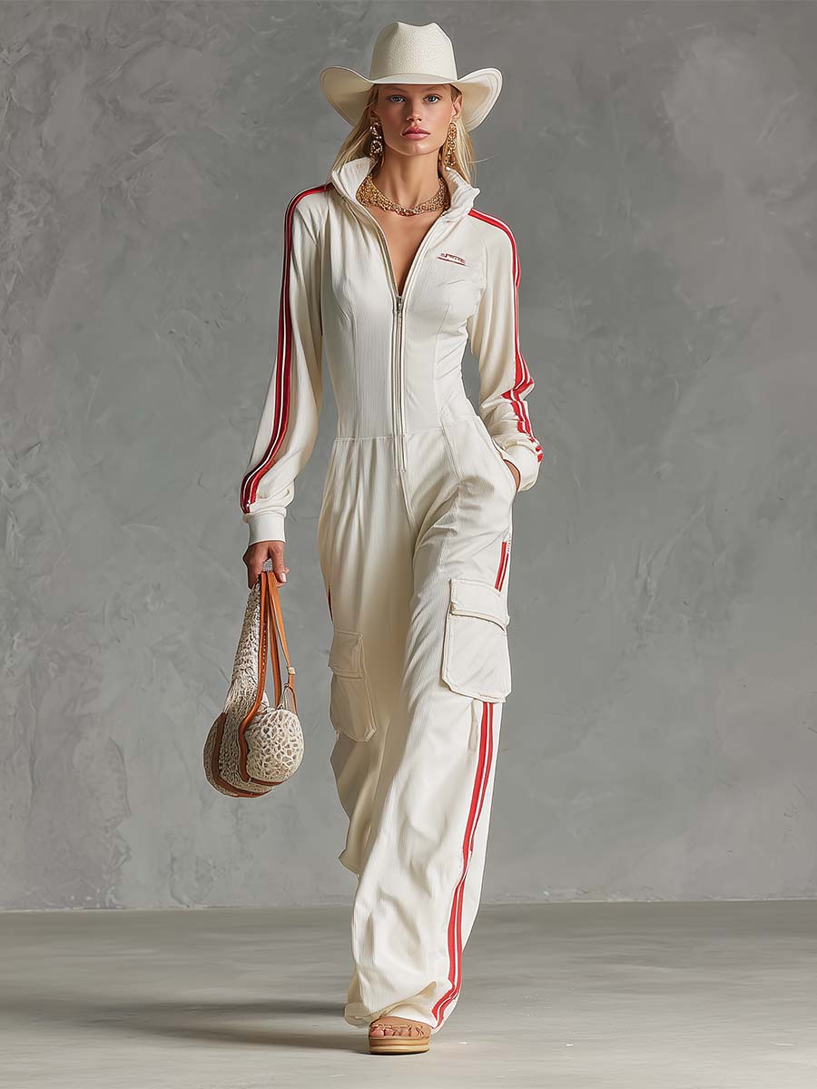 Women's Sporty Lapel Zip-Front Fine-Ribbed Utility Jumpsuit