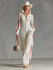 Women's Sporty Lapel Zip-Front Fine-Ribbed Utility Jumpsuit