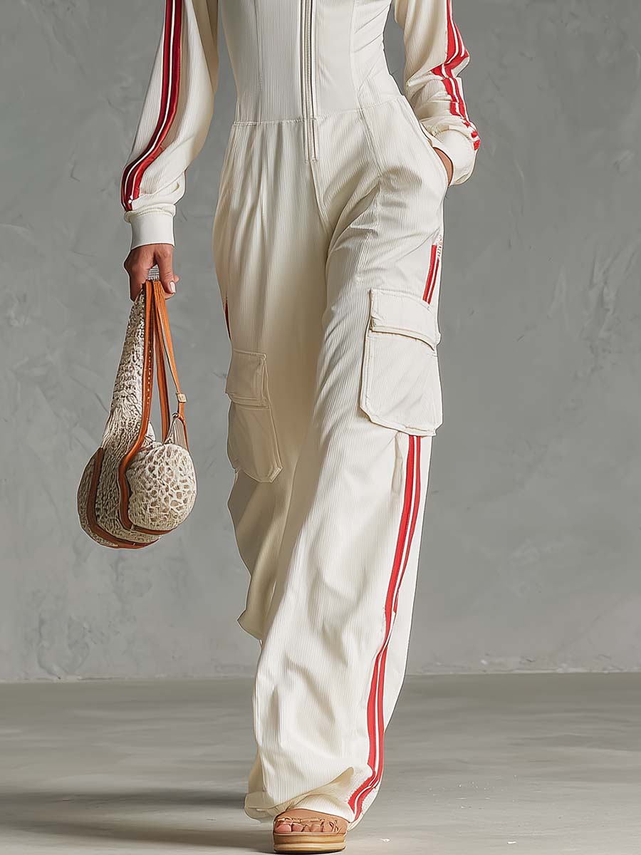 Women's Sporty Lapel Zip-Front Fine-Ribbed Utility Jumpsuit