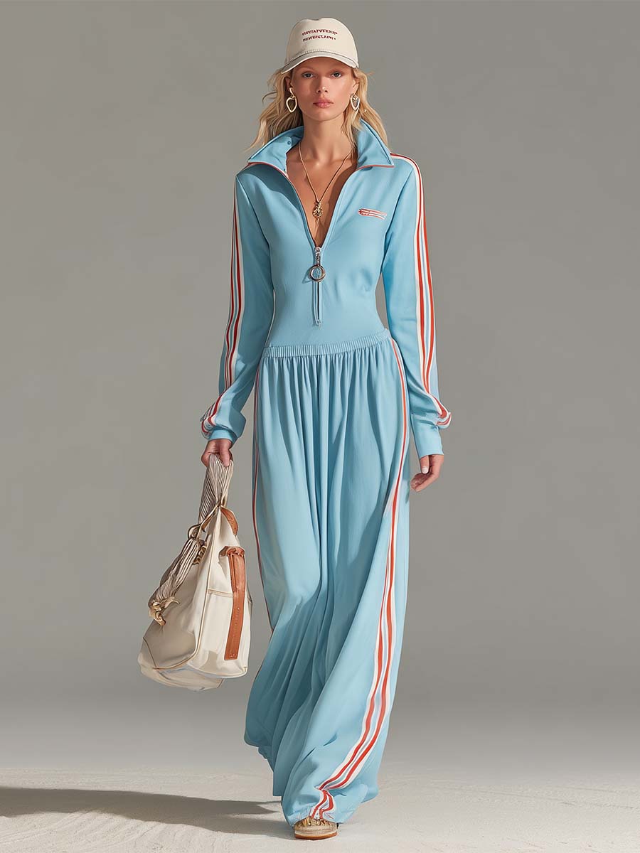 Women's Active Zip-Up Long-Sleeve Athleisure Maxi Dress