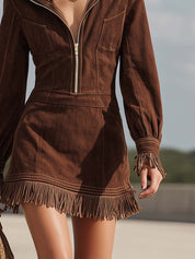Women's Boho Fringe Zip-Front Denim Mini Dress