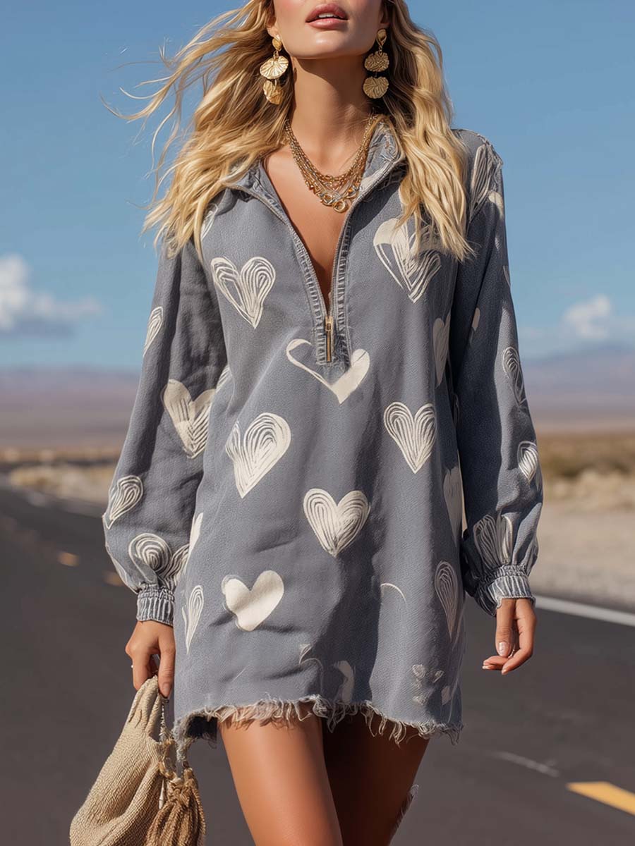 Women's Playful Heart-Print Lapel Zip-Front Denim Mini Dress