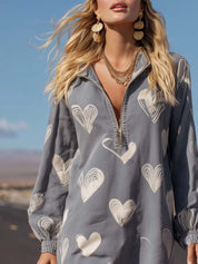 Women's Playful Heart-Print Lapel Zip-Front Denim Mini Dress
