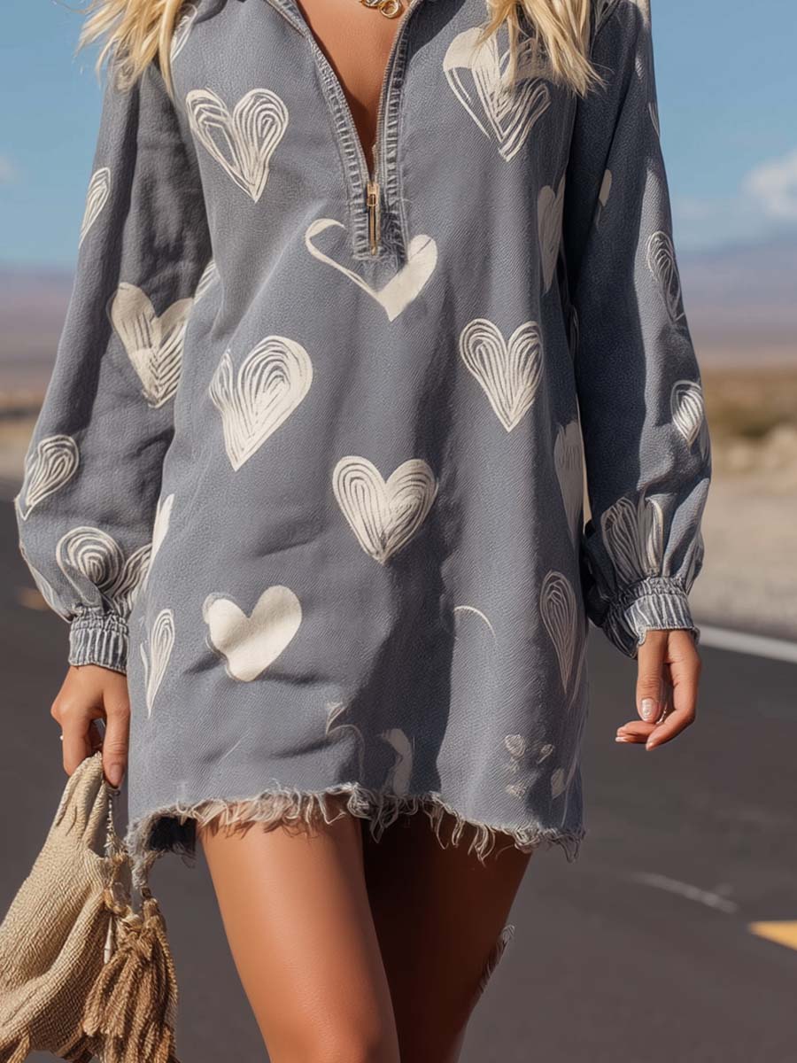 Women's Playful Heart-Print Lapel Zip-Front Denim Mini Dress
