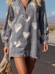 Women's Playful Heart-Print Lapel Zip-Front Denim Mini Dress