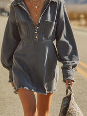 Women's Casual Western Lapel Button-Front Washed Denim Mini Dress