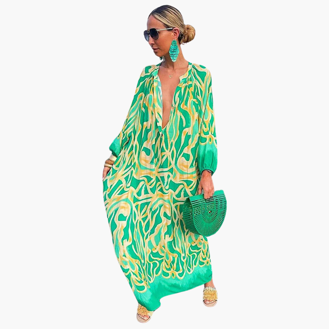 Women's Abstract Print Beach Maxi Dress Deep V-Neck Kaftan Sleeve Oversized