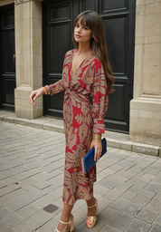 Women's Elegant Midi Wedding Guest Dress with Tie Waist