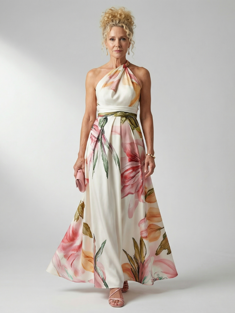 Women's Breezy Halter-Neck Light Floral Maxi Dress