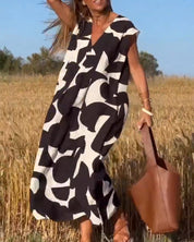 Women's Abstract Print Relaxed Midi Dress V-Neck Short Sleeve Casual Loose Fit