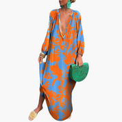 Women's Abstract Print Beach Maxi Dress Deep V-Neck Kaftan Sleeve Oversized