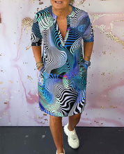 Women's Abstract Wave Print Shirt Dress V-Neck Half Sleeve Casual Midi