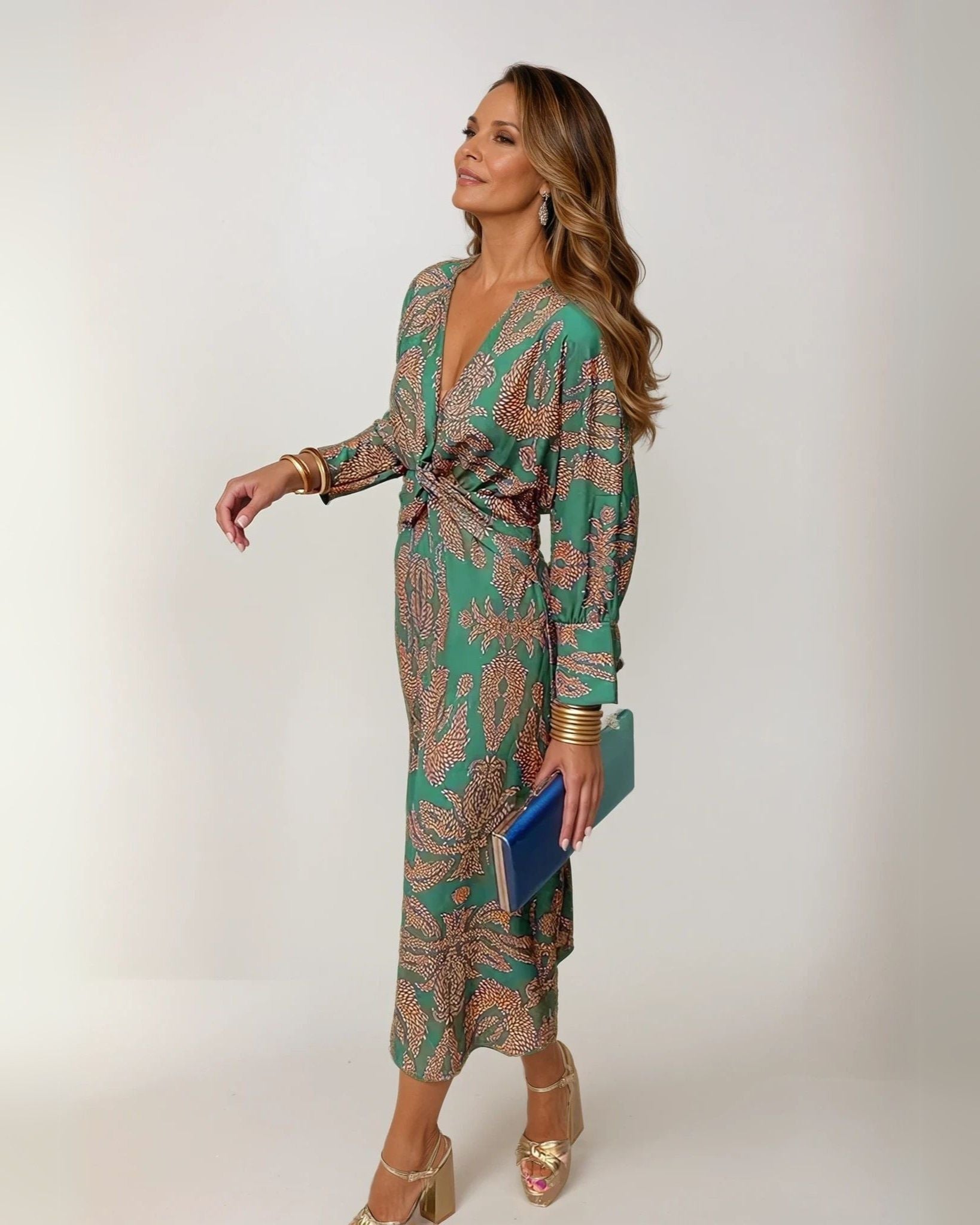 Women's Elegant Midi Wedding Guest Dress with Tie Waist