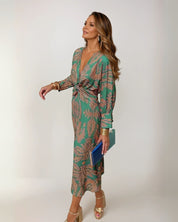 Women's Elegant Midi Wedding Guest Dress with Tie Waist