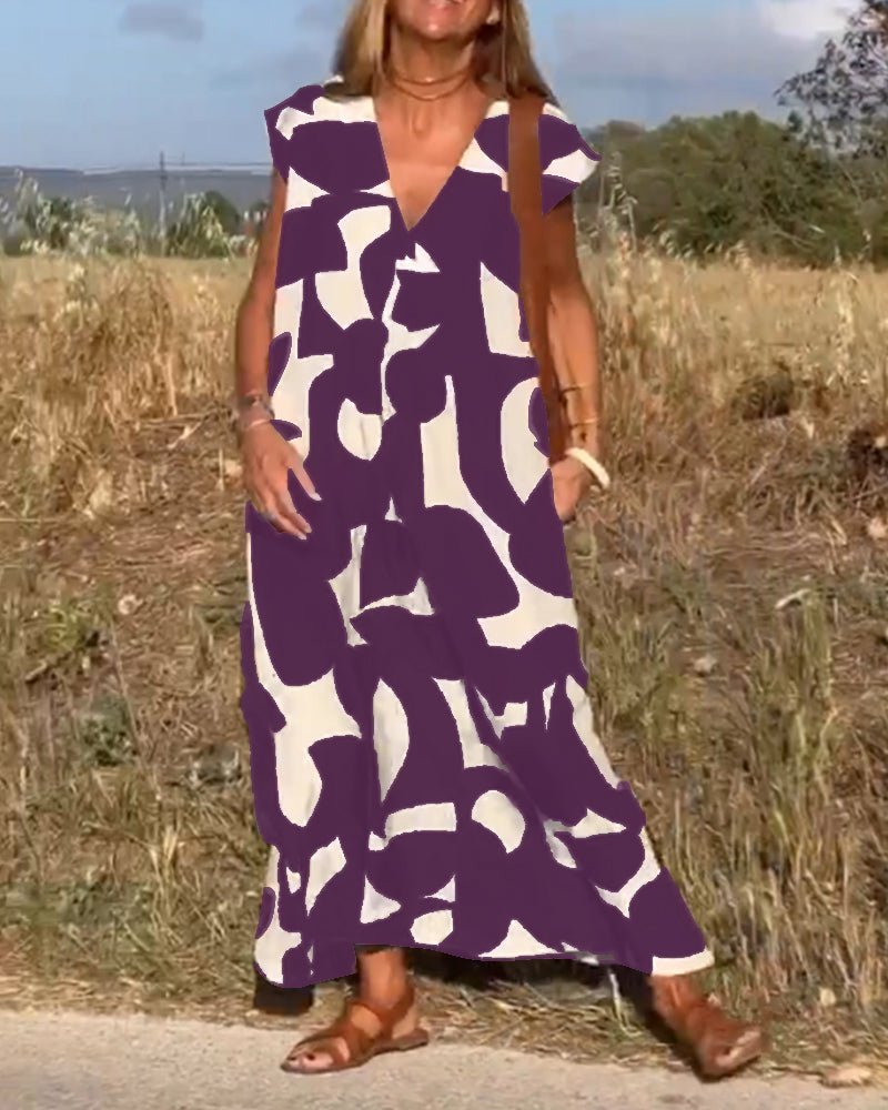 Women's Abstract Print Relaxed Midi Dress V-Neck Short Sleeve Casual Loose Fit