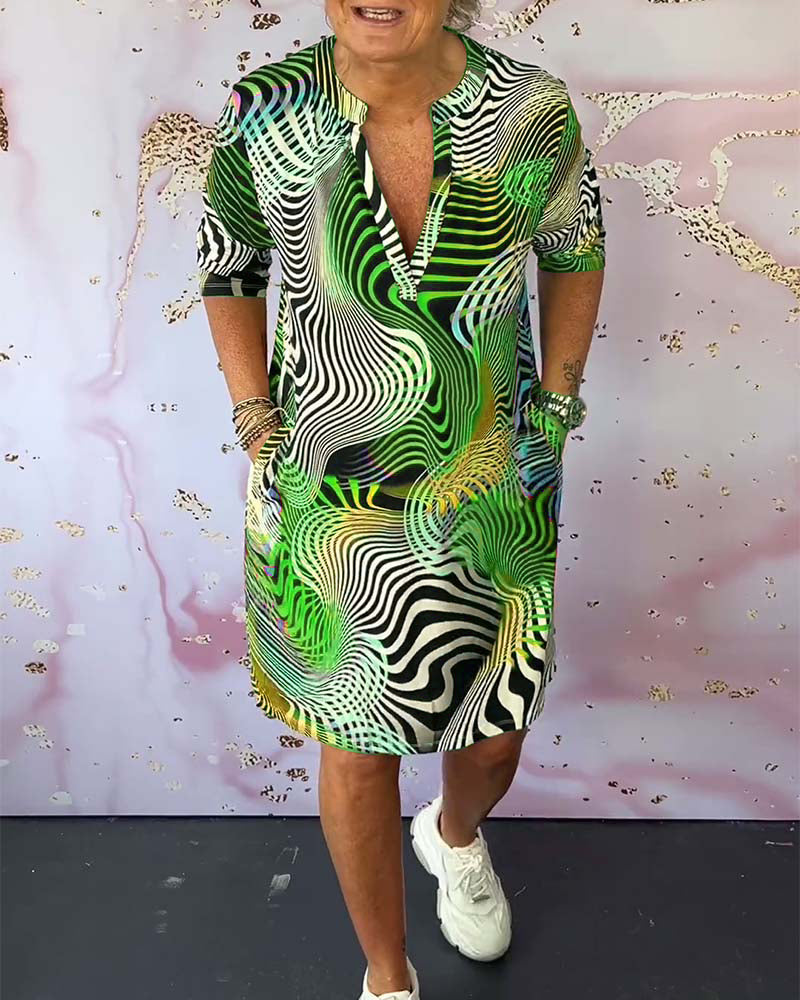 Women's Abstract Wave Print Shirt Dress V-Neck Half Sleeve Casual Midi