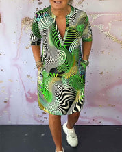 Women's Abstract Wave Print Shirt Dress V-Neck Half Sleeve Casual Midi