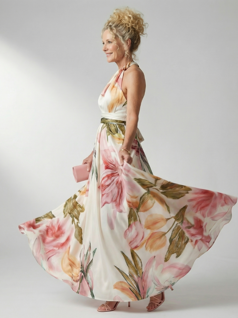 Women's Breezy Halter-Neck Light Floral Maxi Dress