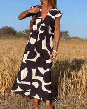 Women's Abstract Print Relaxed Midi Dress V-Neck Short Sleeve Casual Loose Fit
