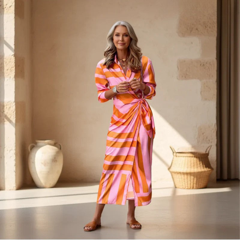 Women's Printed Wrap Dress Long Sleeve V-Neck Midi Belted Casual Chic