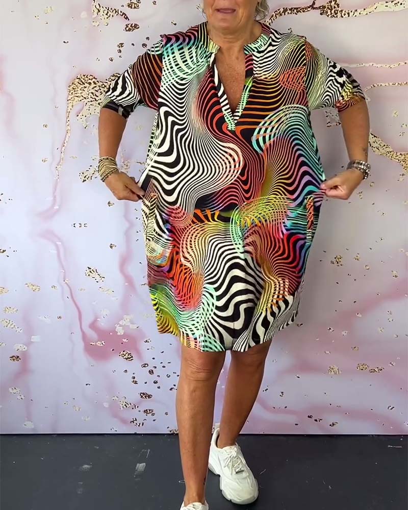 Women's Abstract Wave Print Shirt Dress V-Neck Half Sleeve Casual Midi